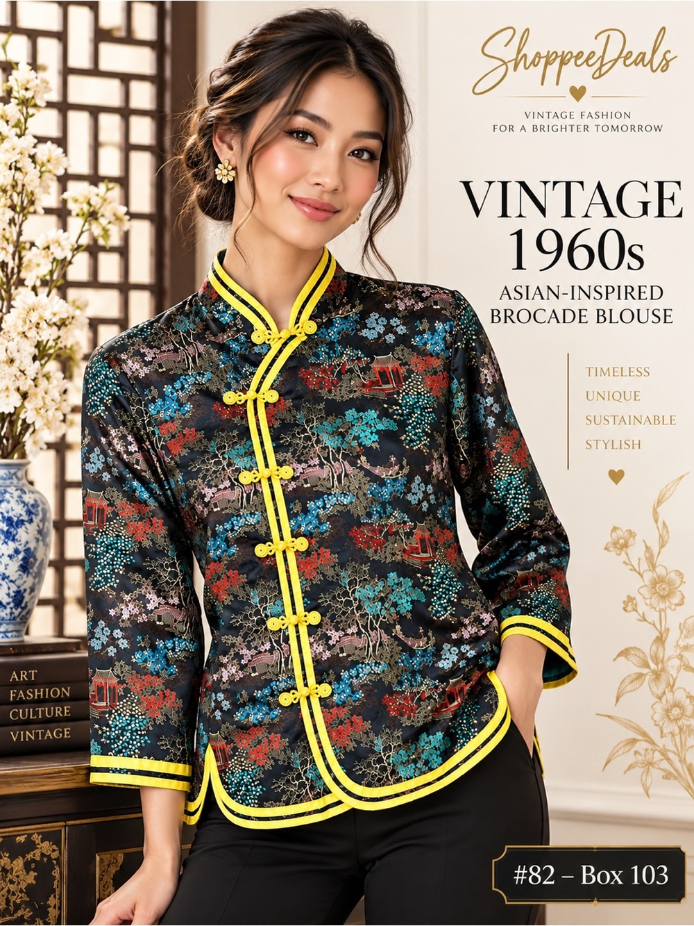 Vintage 1960s Peony Brand Asian Satin Brocade Blouse XS/S Frog Button